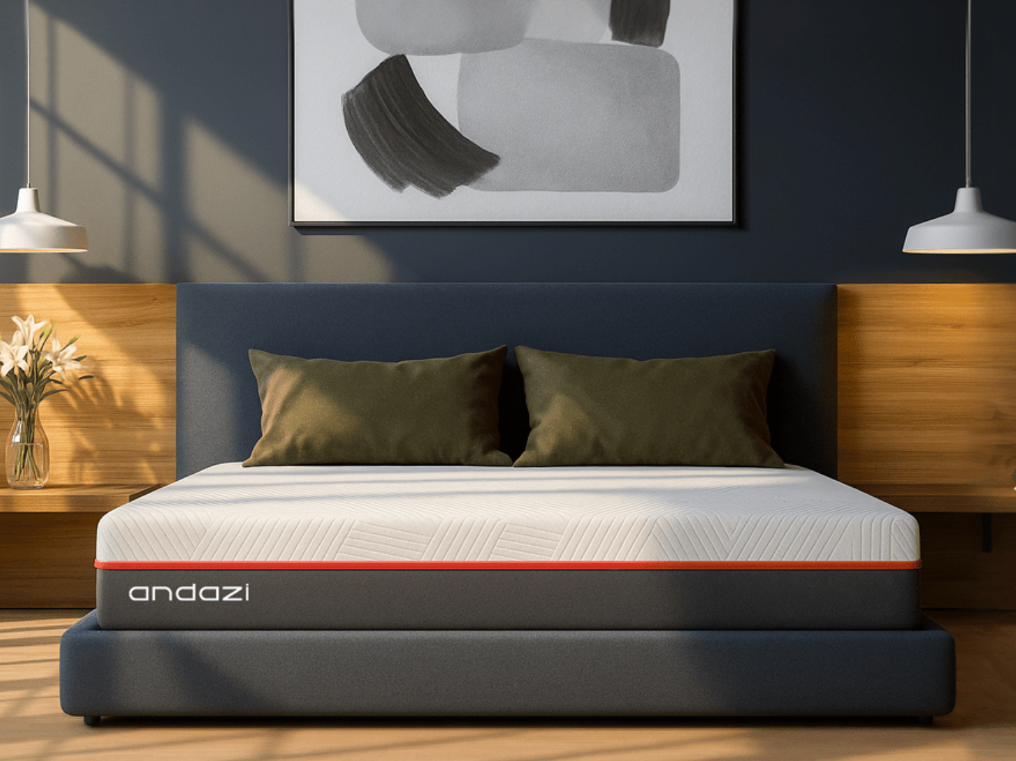 Modern bedroom with a memory foam mattress on a grey bed frame, two pillows, and abstract wall art.