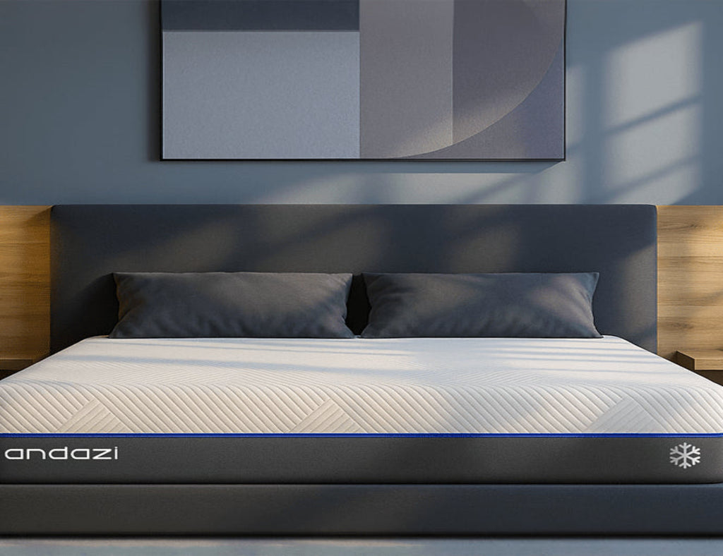 Modern bedroom with a memory foam mattress, gray upholstered bed, and geometric wall art.