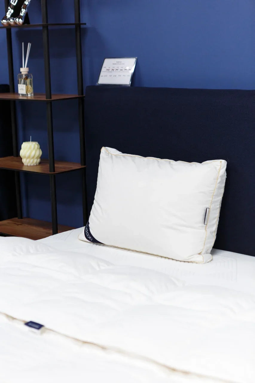 White pillow and quilted bedding on bed with dark blue headboard, modern shelf in background