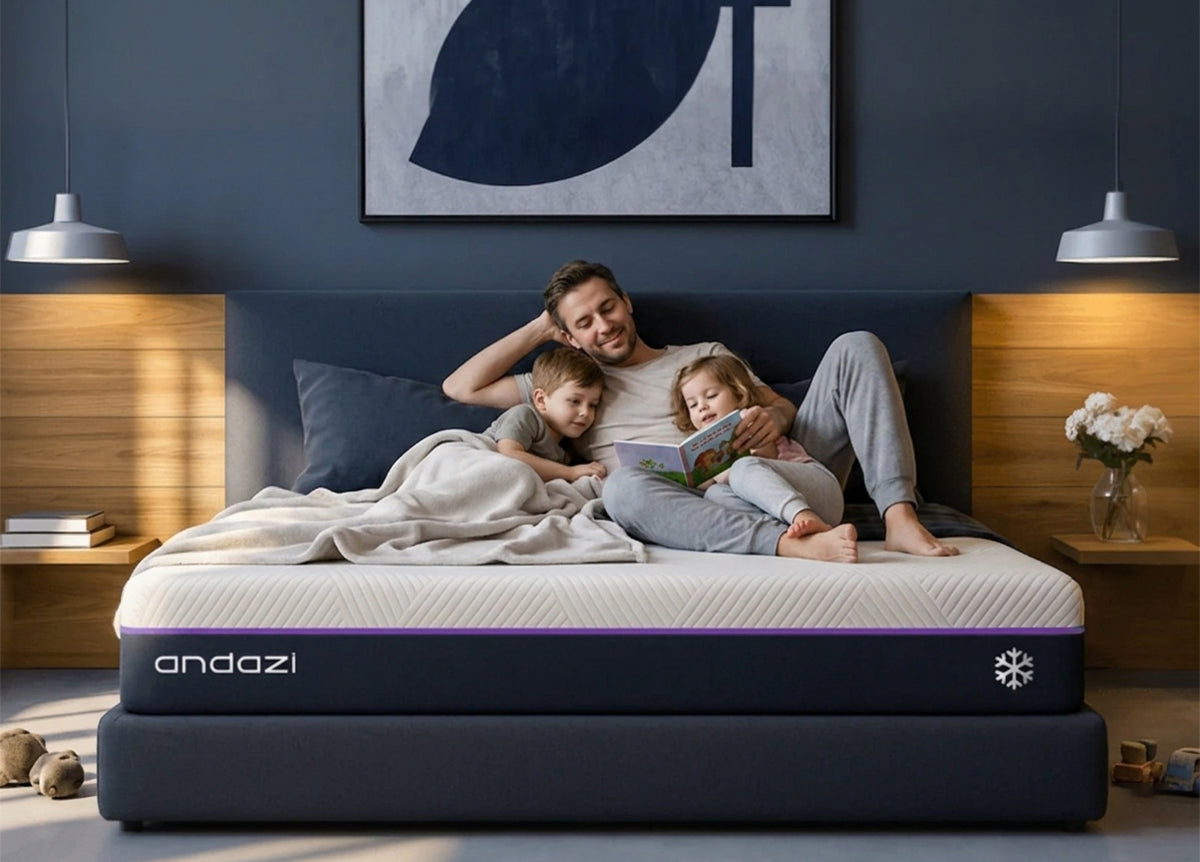 Father and children reading on modern mattress in cozy bedroom setting