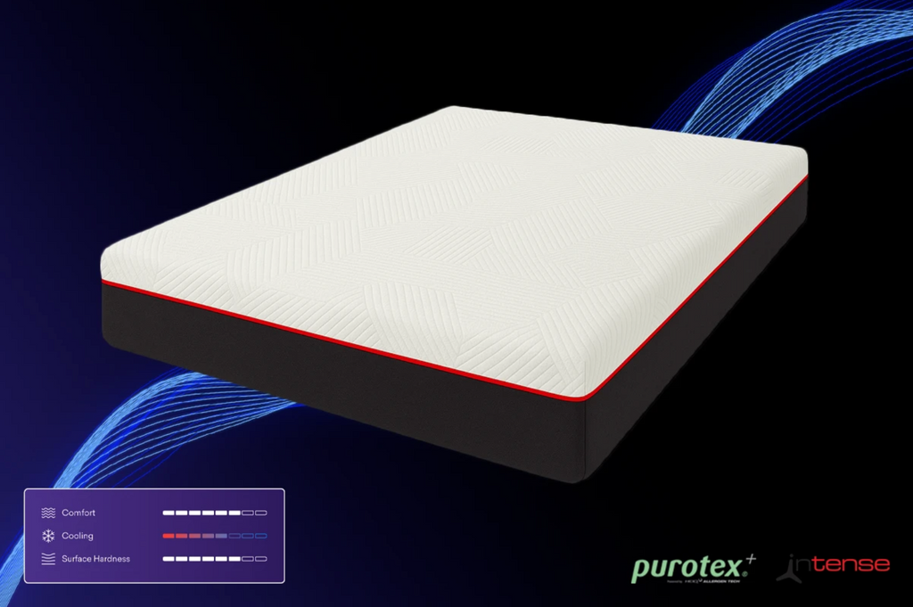 Orthopedic mattress with white textured top, black sides, and red trim, featuring comfort and cooling ratings.