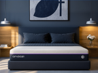 Modern bedroom with cooling memory foam mattress, wooden accents, two pillows and minimalist wall art