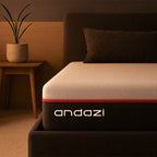 Modern memory foam mattress on bed frame in cozy bedroom with plant and pillow