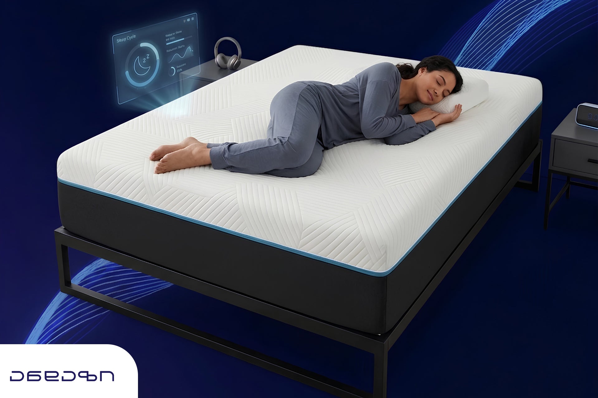 Woman sleeping on modern memory foam mattress in dark bedroom with digital sleep display