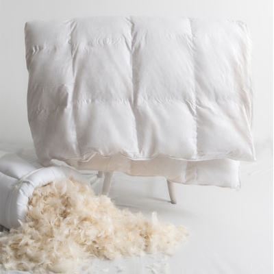 White down comforter with exposed feathers on a white background